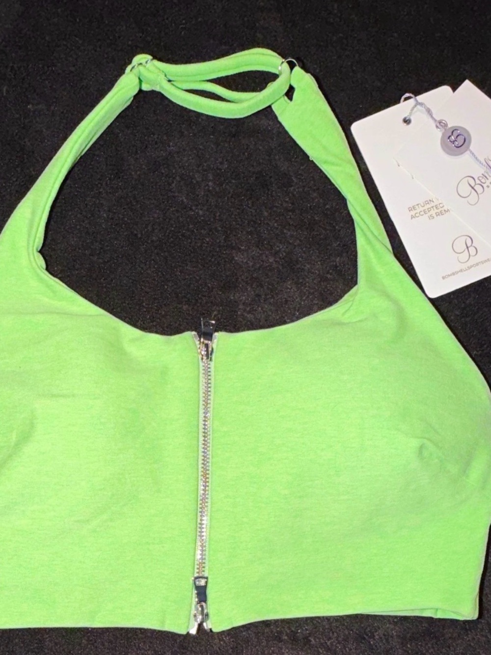 Bombshell sportswear Lime Green Halter Crop Top with Front Zipper